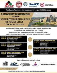 Poster advertising the Community Conversations Series with Pittsburgh Bureau of Police Chief Larry Scirotto. Click to enlarge.